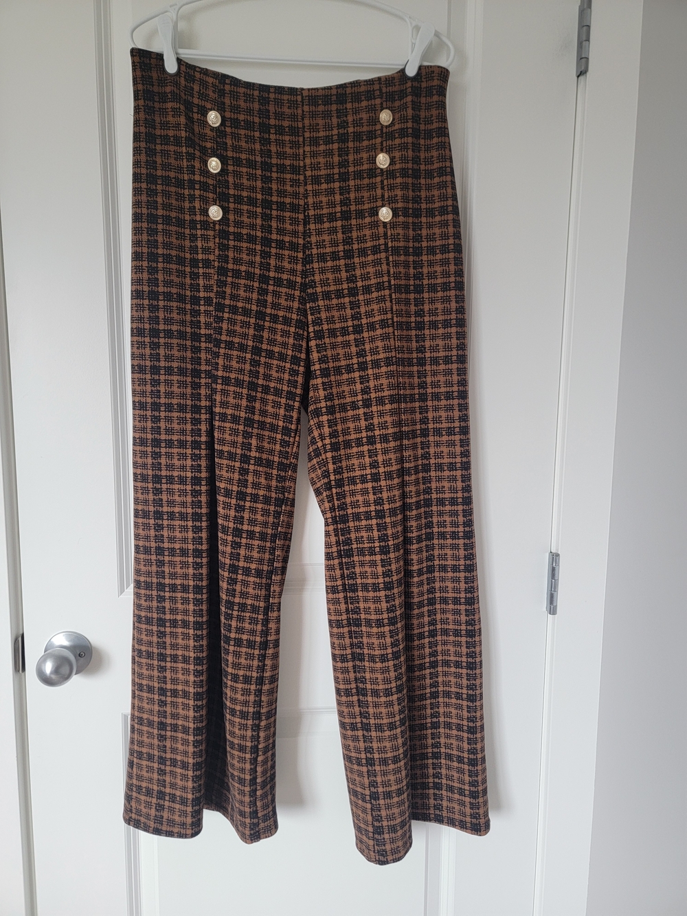 High-Waist Plaid Wide-Leg Pants with Gold Buttons - Brown/Black - Picture 2 of 5